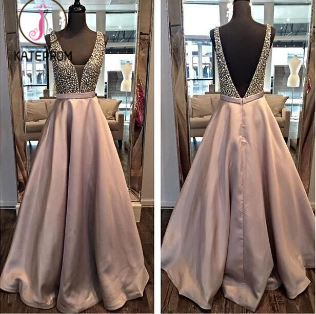 Beading Backless A-line Satin Prom Dresses,Beaded Ball Gowns Long,Formal Dress Long KPP0204