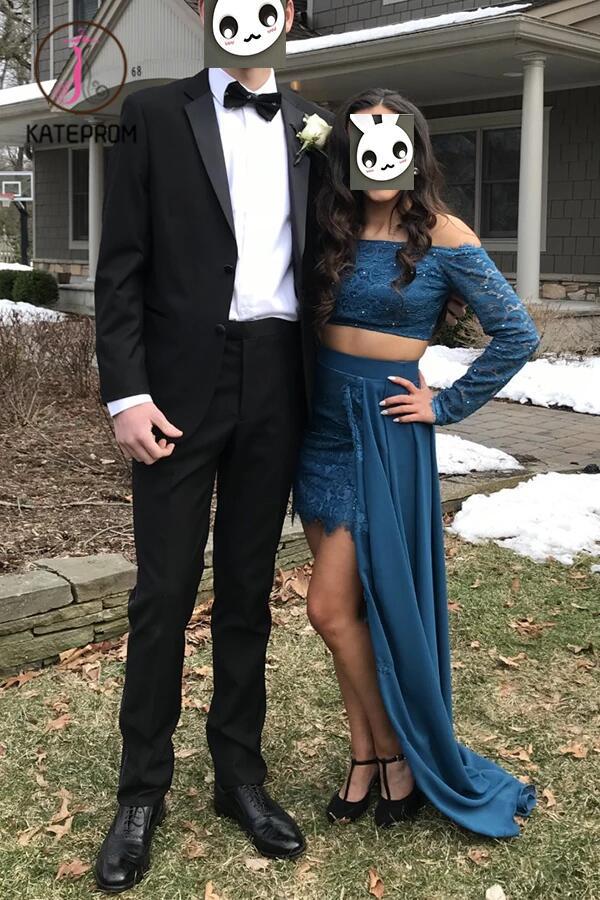 Dark Teal Two Piece Long Sleeves Lace Chiffon Prom Dress with Slit,Off Shoulder Prom Dresses KPP0163