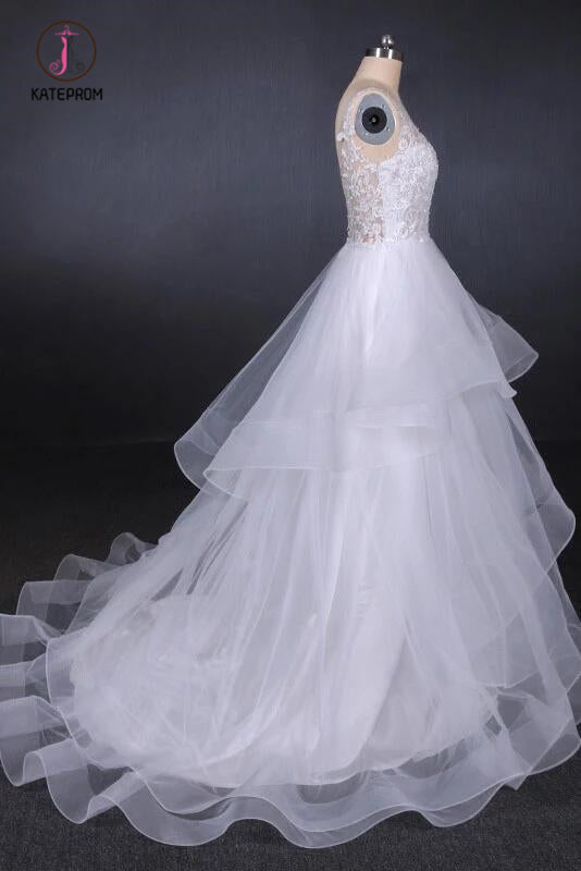 Unique V Neck Sleeveless Tulle Wedding Dresses, Asymmetrical Long Bridal Dresses KPW0470