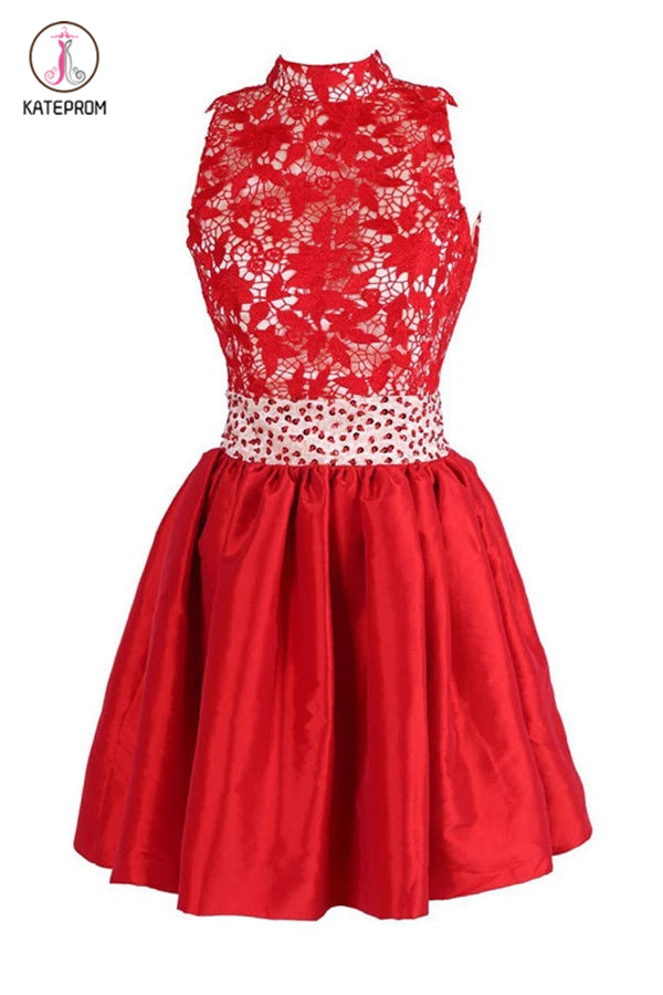 Glamorous High Neck Satin Short Homecoming/Prom Dresses With Beading KPH0132