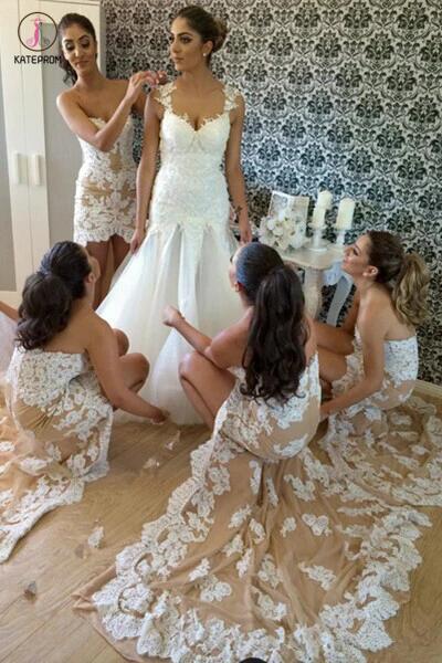 High-low Lace Appliqued Mermaid Bridesmaid Dress,Strapless Bridesmaid Gown,Prom Dress KPB0050