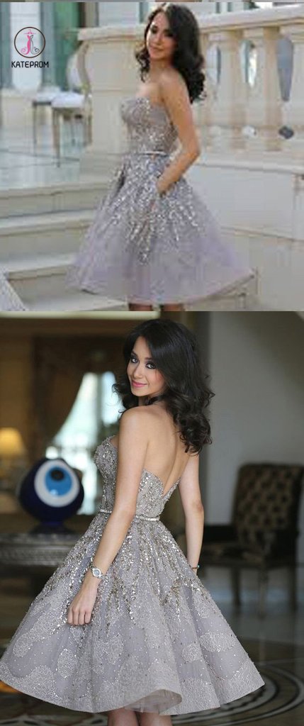 Strapless Gorgeous A-line Homecoming Gown with Belt,Sparkle Short Prom Gown KPH0220
