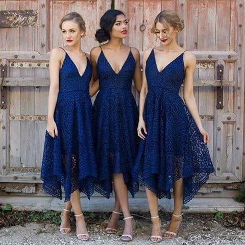 Pink V-neck Straps Tea Length Asymmetrical Lace Bridesmaid Dress,Midi Homecoming Dress KPB0004