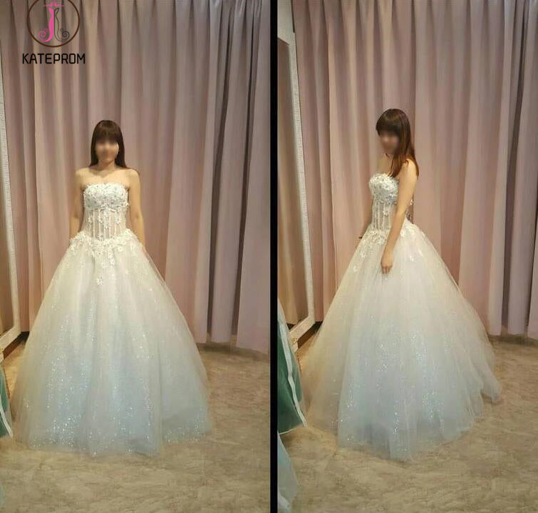 Elegant Strapless Floor-length Ball Gown Wedding Dress with Flowers,Prom Gown KPW0109