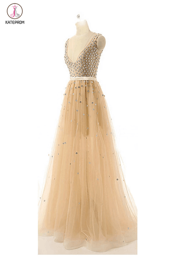 Deep V-neck Beaded Modest Long Prom Evening Dresses KPP0034