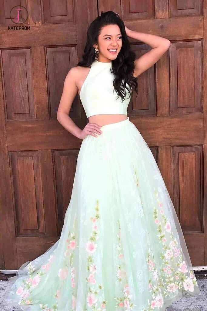 Elegant Two Piece Mint Green Jewel Sleeveless A-line Floral Long Prom Dress KPP0333
