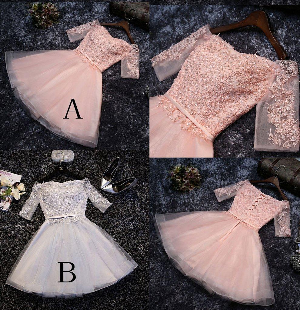 Cute Appliques Tulle Half Sleeves Short Prom Dress,Mini Off-shoulder Homecoming Dress KPH0197