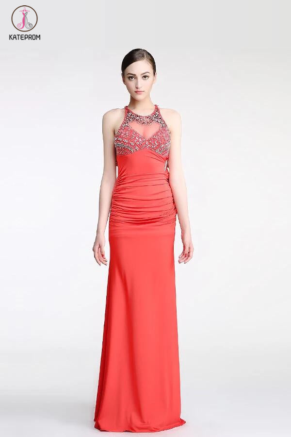 Backless Watermelon Sheath Mermaid Beaded Prom Dresses KPP0042