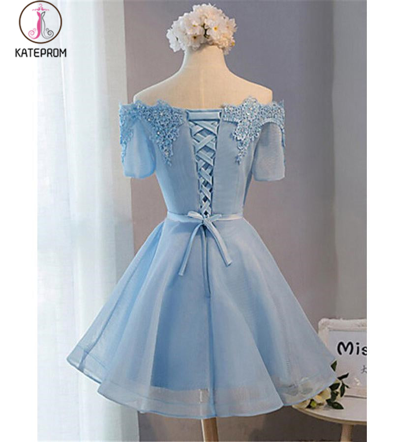 Pastel Orange Appliqued Tulle Off-shoulder Homecoming Dresses,Short Party Dress KPH0235