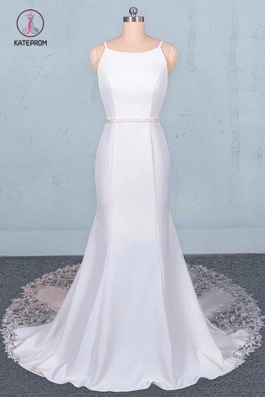 Simple Mermaid Sleeveless Wedding Dress with Lace, Sexy Backless Bridal Dress KPW0497