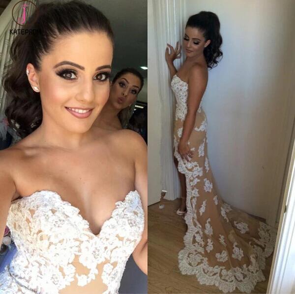 High-low Lace Appliqued Mermaid Bridesmaid Dress,Strapless Bridesmaid Gown,Prom Dress KPB0050