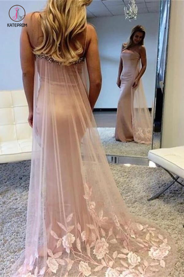 Spaghetti Straps Splendid Pink Sleeveless Applique Mermaid Long Prom Dresses KPP0354
