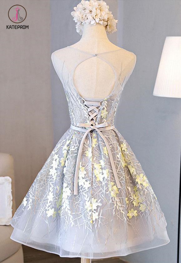 Appliqued A line Tulle Lace Short Prom dress,Sleeveless Homecoming Dresses with Belt KPH0233