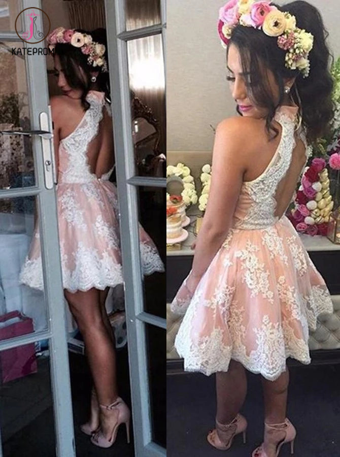 Elegant High Neck Homecoming Dress with White Lace,Sweet 16 Dress,Graduation Dress KPH0138
