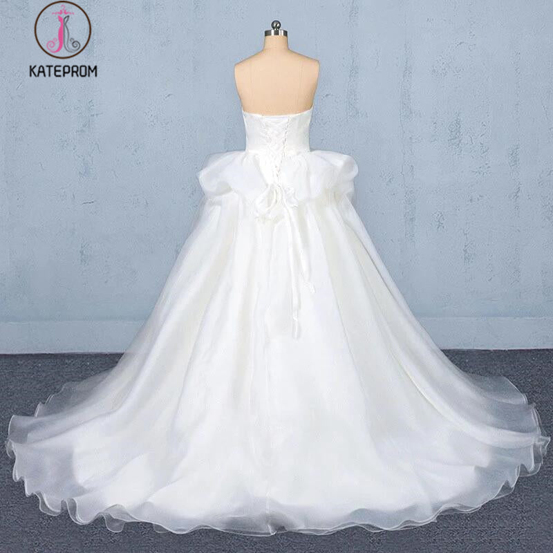 Ball Gown Sweetheart Tulle Ivory Wedding Dress, Gorgeous Sweep Train Bridal Dresses KPW0492