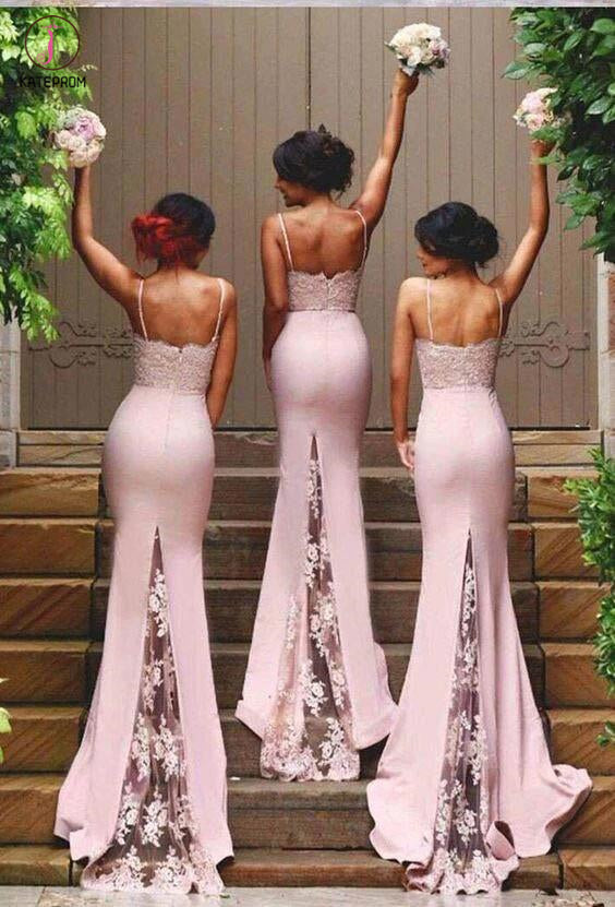 Pink Gorgeous Spaghetti Straps Mermaid Lace Backless Long Bridesmaid Dress KPB0034