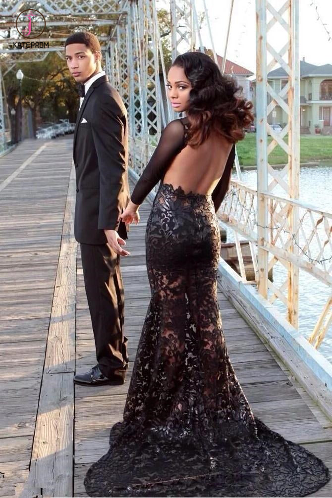 Black Mermaid Prom Dresses Long Sleeves Lace Sheer Fabric Sexy Evening Gowns KPP0359