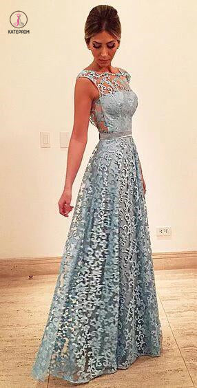 A-line Blue Sleeveless Lace Floor-length Prom Dresses,Sexy Evening Dresses KPP0372