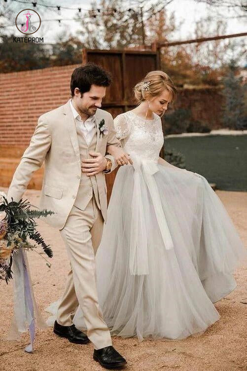A Line Short Sleeve Lace and Tulle Silver Country Wedding Dresses with Sash KPW0444