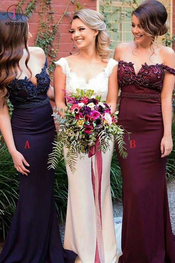 Burgundy Off Shoulder Mermaid Bridesmaid Dress,Sexy V-neck Bridesmaid Dresses KPB0052