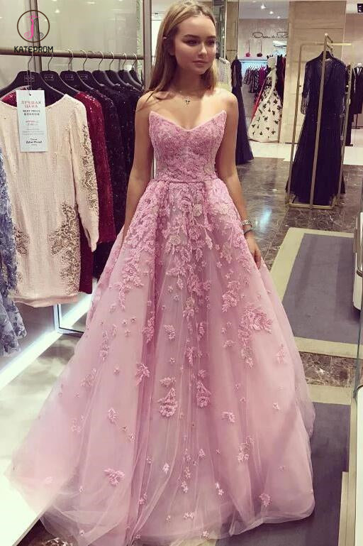 Bubblegum Strapless V-Neck Applique Long Prom Dress,Sleeveless Tulle Evening Dress KPP0362
