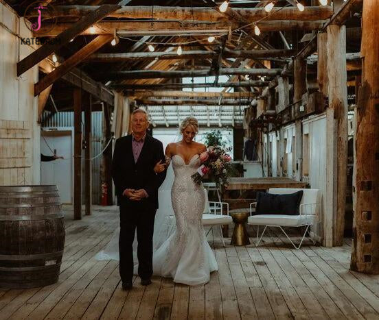 Stunning Mermaid Tulle Bohemian Wedding Dresses Off the Shoulder Lace Beading Bridal Gowns KPW0321