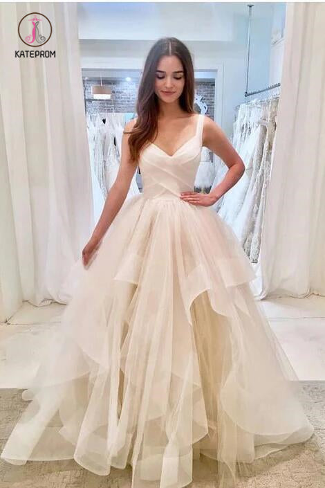 Puffy Straps Long Beach Wedding Dresses, Unique Cascading Ruffles Bridal Dresses KPW0356