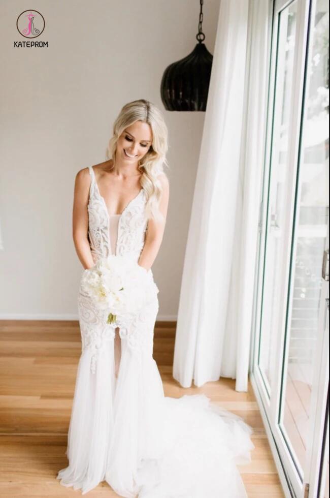 Mermaid Lace Deep V-neck Sleeveless Long Tulle Beach Wedding Dress,Bridal Gown KPW0159