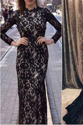 Black Mermaid Jewel Long Sleeve Lace Open Back Evening Dress,Long Prom Gown KPP0357