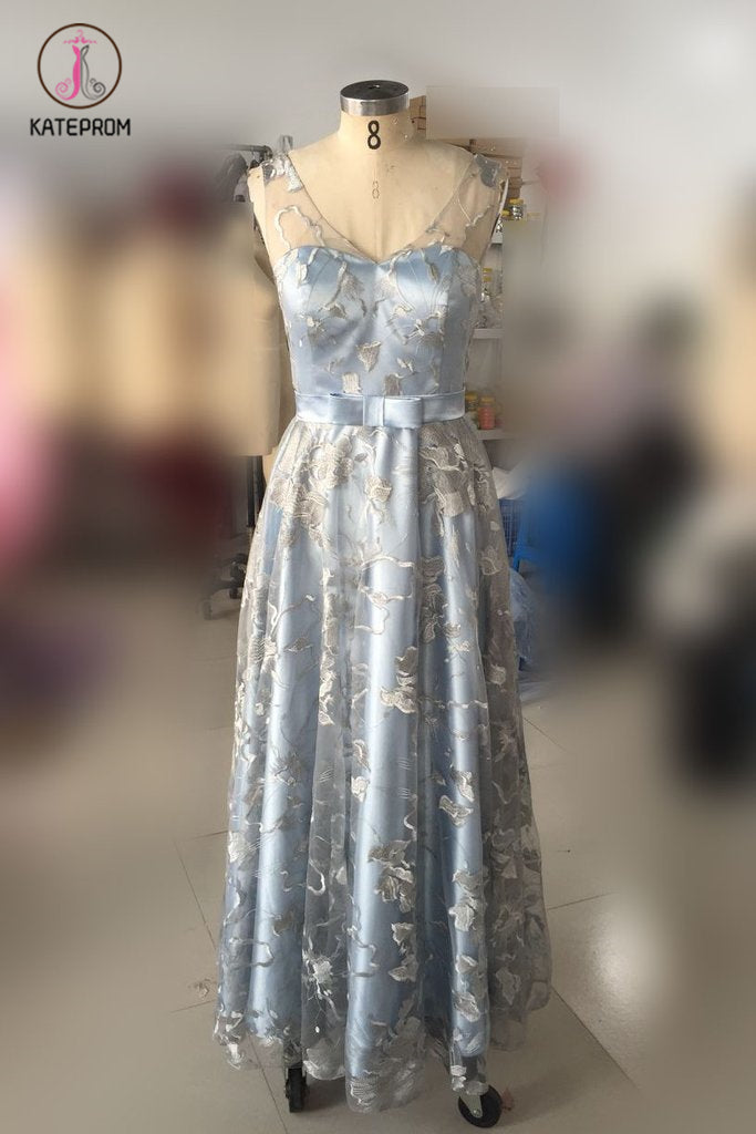 Light Blue Sleeveless Prom Dress with Lace, Lace Floor Length Evening Dresses KPP0536