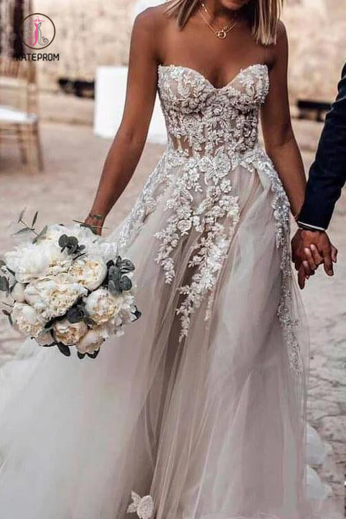 Boho Sweetheart Tulle Long Beach Wedding Dresses, Charming Appliques Bridal Dress KPW0319