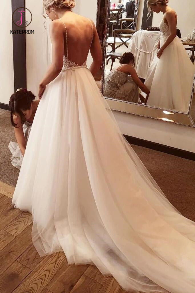 Ivory Backless Spaghetti Straps Tulle Beach Wedding Dresses, Lace Applique Bridal Dress KPW0520