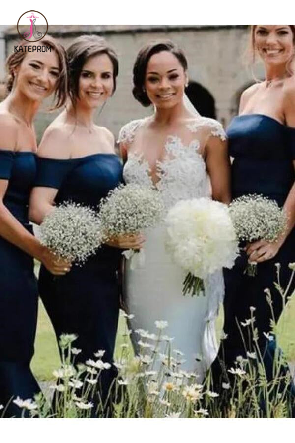 Elegant Navy Blue Off the Shoulder Mermaid Tea Length Bridesmaid Dresses with Ruffles KPB0161