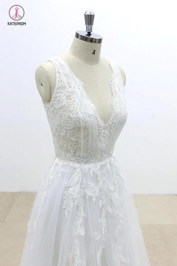 A Line V Neck Lace Appliqued Tulle Wedding Dress with V-Cut Back,Beach Wedding Dress KPW0196
