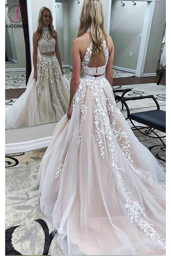 Two Piece High Neck Open Back Appliques Prom Dress with Beads, Long Formal Dress KPP0501