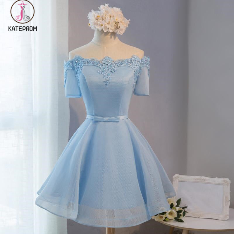 Pastel Orange Appliqued Tulle Off-shoulder Homecoming Dresses,Short Party Dress KPH0235