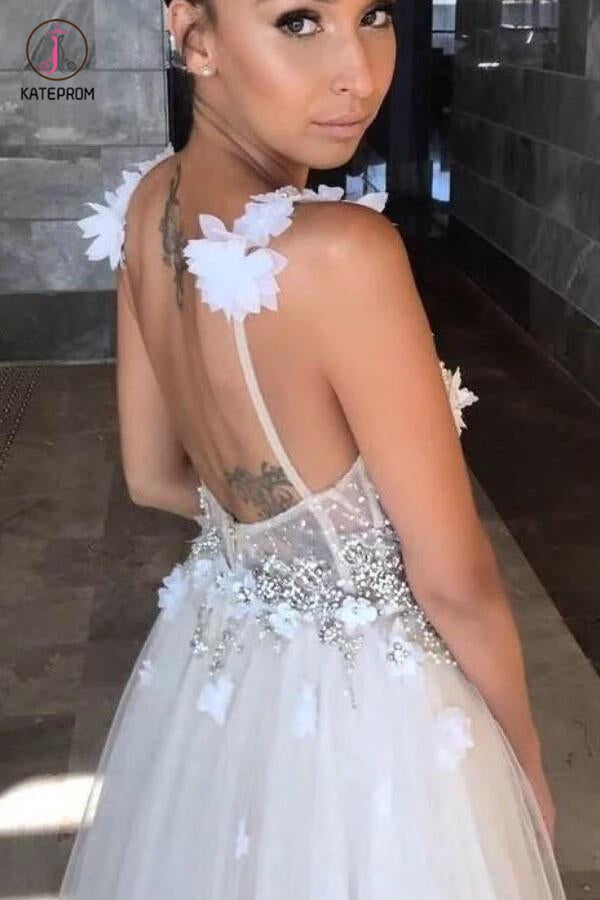 Deep V-neck Beading Prom Dresses,Straps Tulle Appliques A-line Custom Beach Wedding Dress KPW0033