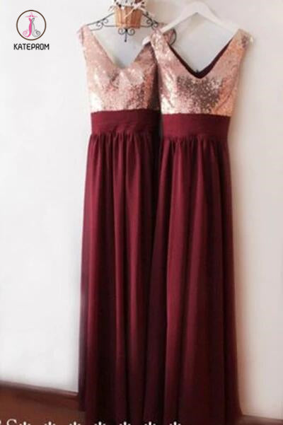 Burgundy V Neck Floor Length Bridesmaid Dress, V-Back Rose Gold Sequin Prom Dress KPB0136