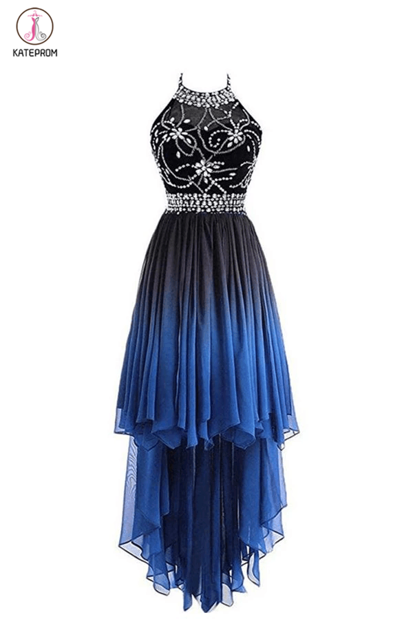 High Low Halter Sleeveless Chiffon Ombre Prom Dress, Beading Ombre Bridesmaid Dress KPB0026