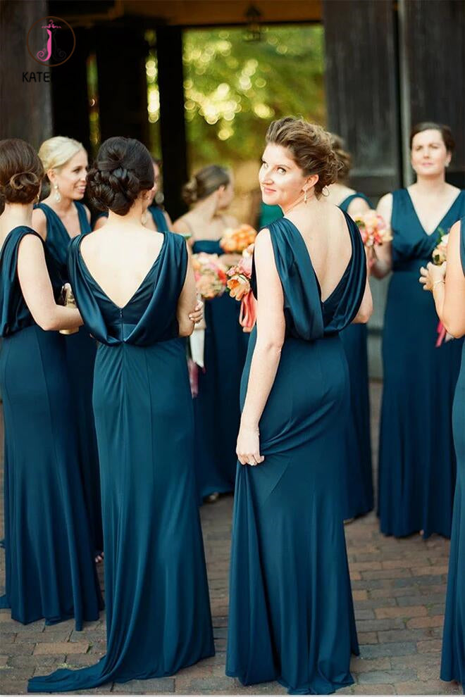 Unique V Neck Sleeveless Bridesmaid Dress, Modern Long Bridesmaid Dress with Pleats KPB0130