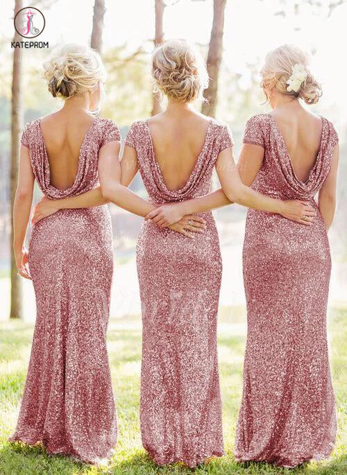 Sheath Sequined Cowl Floor-length Cap Sleeves Prom Dress,Bridesmaid Dresses KPB0056