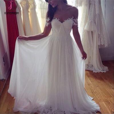 Simple A-Line Off-shoulder Long Appliques Wedding Dresses,Ivory Beach Wedding Dresses KPW0070