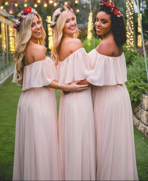 Off-the-shoulder Pastel Pink Ruffles Long Chiffon Bridesmaid Gowns,Floor-length Prom Dresses KPB0039