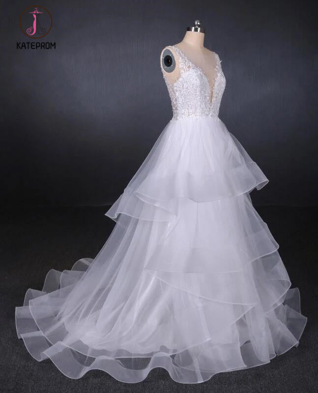Unique V Neck Sleeveless Tulle Wedding Dresses, Asymmetrical Long Bridal Dresses KPW0470