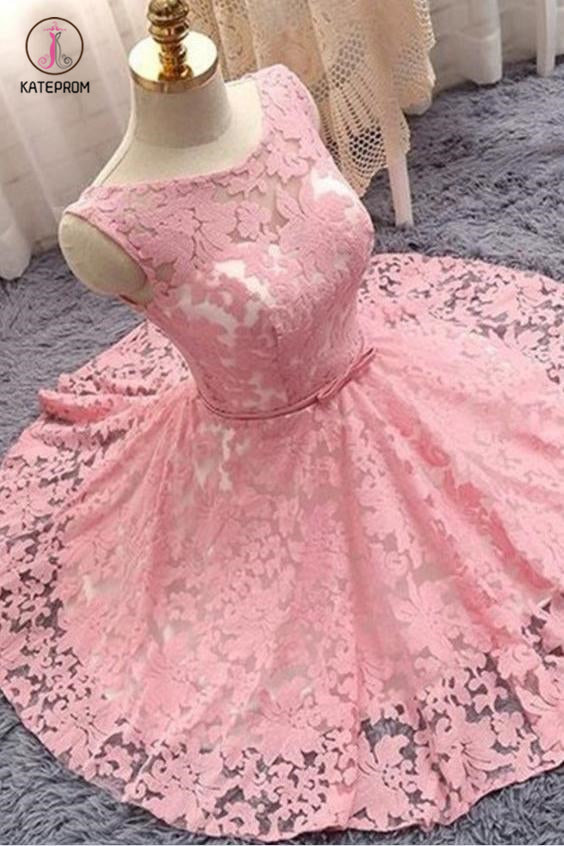 Light Plum Sleeveless Bateau Lace Homecoming Dress with Bowknot Belt,Short Grad Dress KPH0249