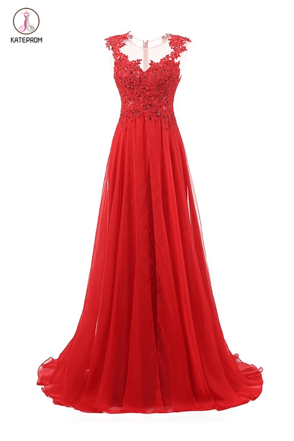 Sweep Train Chiffon Sleeveless Red Prom Dresses Evening Dress KPP0118