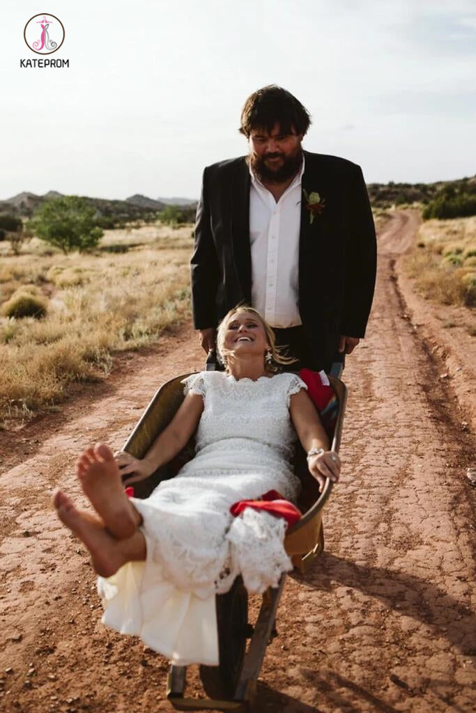 Boho Mermaid Lace Beach Wedding Dresses Cap Sleeve Bohemian Bridal Gown KPW0275