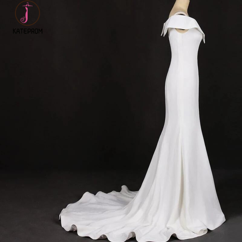 Mermaid V Neck Off White Simple Wedding Dress, Unique Long Bridal Dresses KPW0483