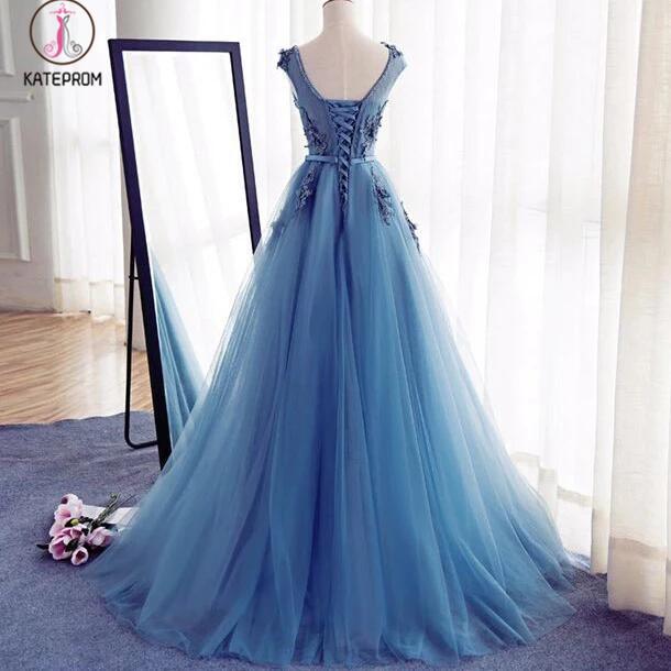 Appliques A-Line Sleeveless Ice Blue Tulle Prom Dresses Long,Evening Dresses KPP0217