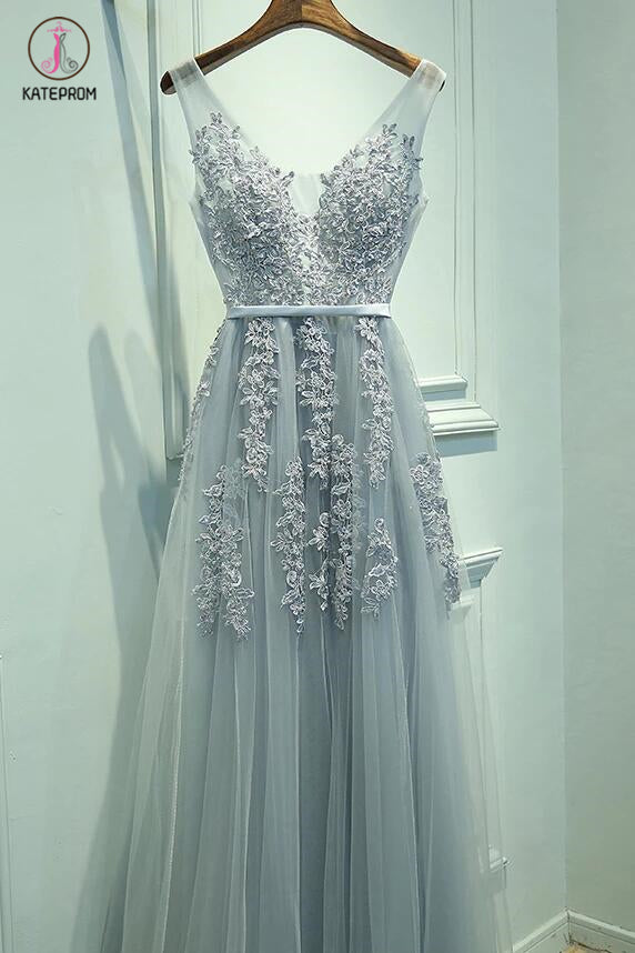 A-Line V-Neck Sleeveless Tulle Prom Dress with Lace Appliques,Long Homecoming Dress KPP0293